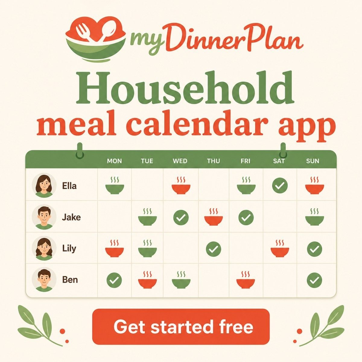 The myDinnerPlan household RSVP calendar with member check-ins and servings scaled per night