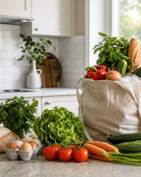 Fresh groceries on a kitchen counter